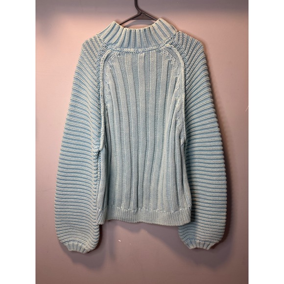 Free People Sweetheart Light Blue Cotton Chunky Cable Knit Mock Neck Sweater L - Picture 4 of 7